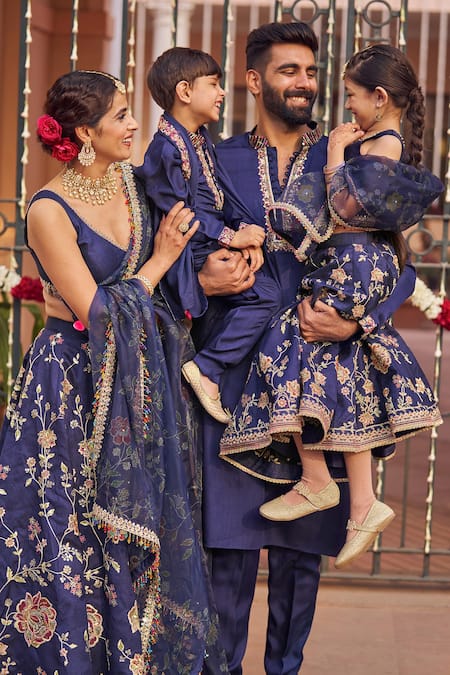 Lashkaraa_Blue Silk, Linen Sequins, Zari, Embroidery V-neck Flower Vine Lehenga Set _at_Aza_Fashions