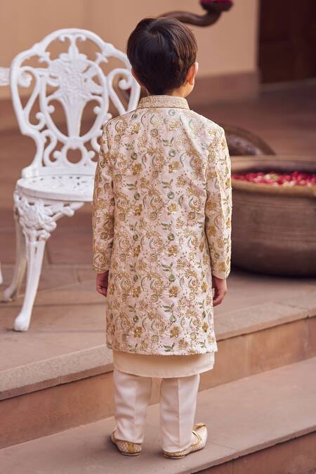 Shop_Lashkaraa_Gold Silk Zari, Embroidery, Sequins Sherwani And Kurta Set_at_Aza_Fashions