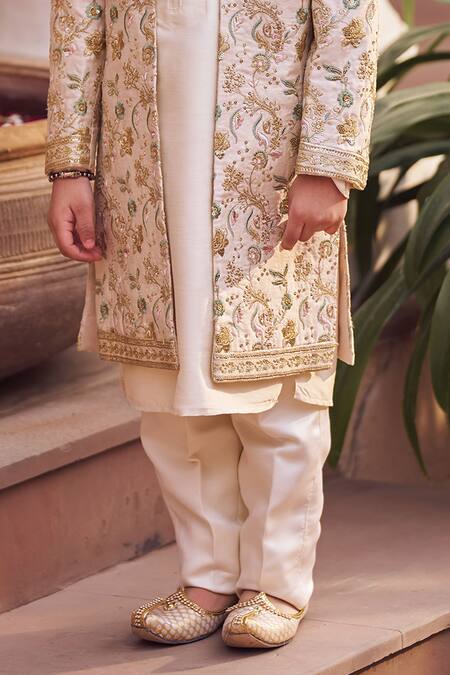 Lashkaraa_Gold Silk Zari, Embroidery, Sequins Sherwani And Kurta Set_Online_at_Aza_Fashions