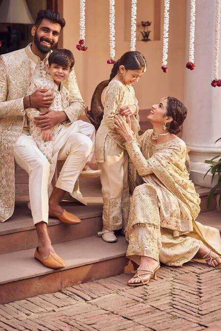 Buy_Lashkaraa_Gold Silk Zari, Embroidery, Sequins Sherwani And Kurta Set_Online_at_Aza_Fashions