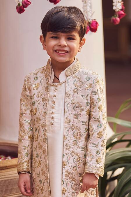 Shop_Lashkaraa_Gold Silk Zari, Embroidery, Sequins Sherwani And Kurta Set_Online_at_Aza_Fashions