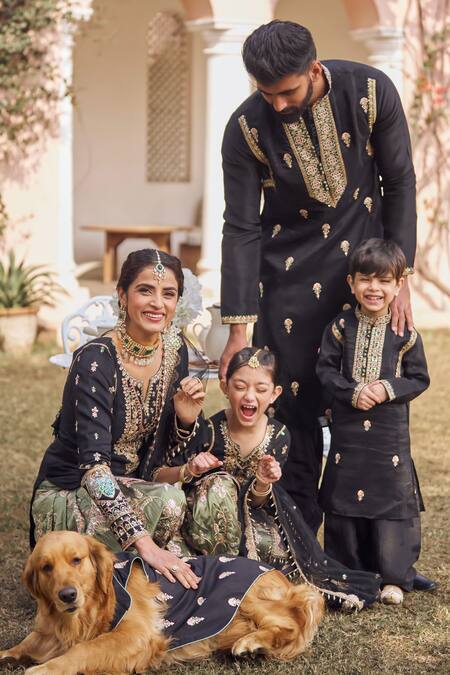 Shop_Lashkaraa_Black Silk Sequins, Zari Embroidered Kurta Set_Online_at_Aza_Fashions