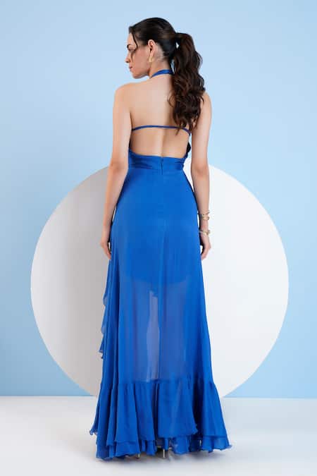 Shop Mandira Wirk Resort Blue Chiffon Sequins, Beads Halter Neck Cut-out High-low Dress at Aza Fashions Shop_Mandira Wirk Resort_Blue Chiffon Sequins, Beads Halter Neck Cut-out High-low Dress _at_Aza_Fashions