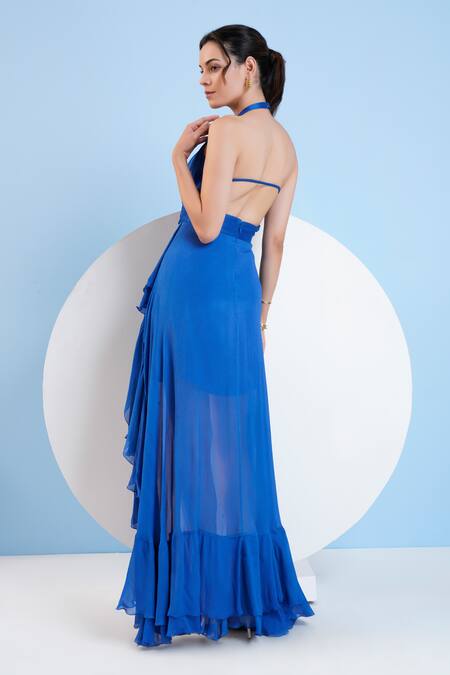 Shop Mandira Wirk Resort Blue Chiffon Sequins, Beads Halter Neck Cut-out High-low Dress Shop_Mandira Wirk Resort_Blue Chiffon Sequins, Beads Halter Neck Cut-out High-low Dress