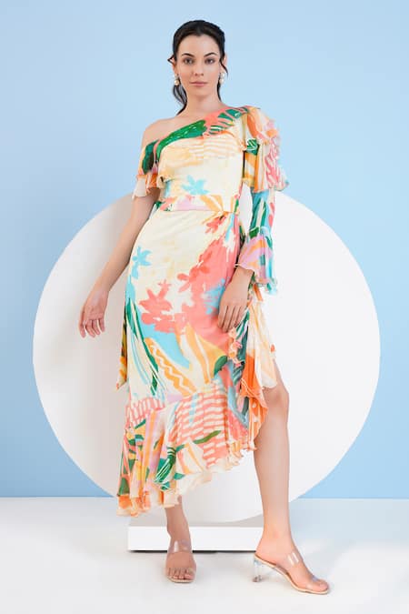 Mandira Wirk Tropical Print Asymmetric Dress 