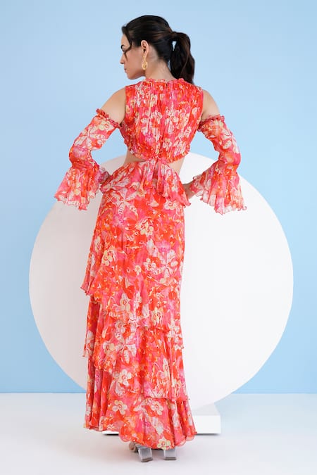 Shop_Mandira Wirk Resort_Red Chiffon Ruffles Round Neck Orchid Print Cold Shoulder Dress _at_Aza_Fashions