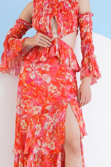 Mandira Wirk Resort_Red Chiffon Ruffles Round Neck Orchid Print Cold Shoulder Dress _Online_at_Aza_Fashions