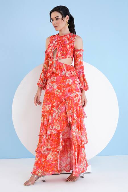 Buy_Mandira Wirk Resort_Red Chiffon Ruffles Round Neck Orchid Print Cold Shoulder Dress _Online_at_Aza_Fashions