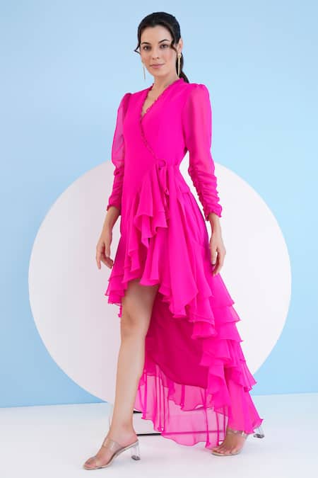 Buy Mandira Wirk Resort Pink Viscose, Georgette V-neck Solid High-low Dress Online at Aza Fashions Buy_Mandira Wirk Resort_Pink Viscose, Georgette V-neck Solid High-low Dress _Online_at_Aza_Fashions
