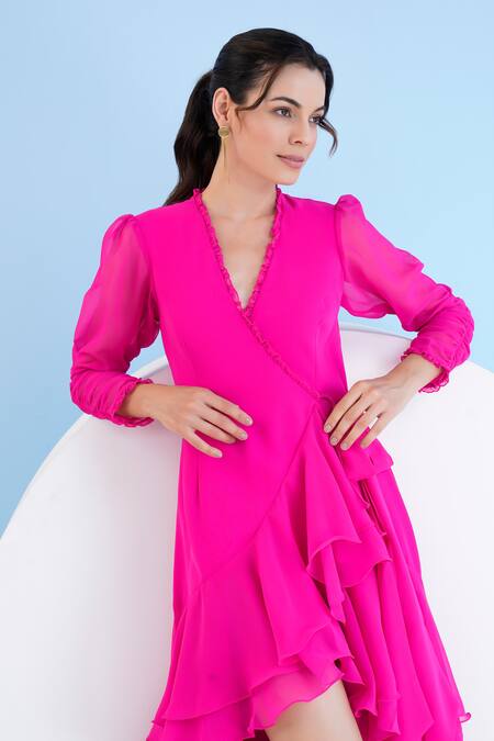 Shop Mandira Wirk Resort Pink Viscose, Georgette V-neck Solid High-low Dress Online at Aza Fashions Shop_Mandira Wirk Resort_Pink Viscose, Georgette V-neck Solid High-low Dress _Online_at_Aza_Fashions