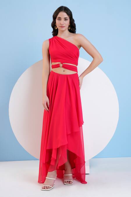 Mandira Wirk Resort Red Viscose, Georgette One Shoulder Solid Cut-out Dress Online at Aza Fashions Mandira Wirk Resort_Red Viscose, Georgette One Shoulder Solid Cut-out Dress _Online_at_Aza_Fashions