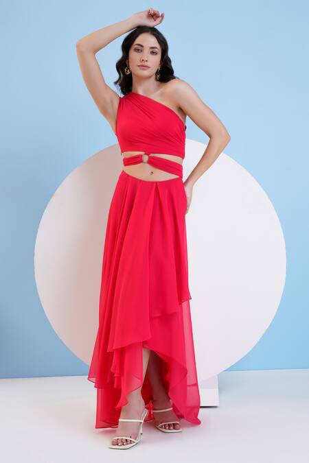 Shop Mandira Wirk Resort Red Viscose, Georgette One Shoulder Solid Cut-out Dress Online at Aza Fashions Shop_Mandira Wirk Resort_Red Viscose, Georgette One Shoulder Solid Cut-out Dress _Online_at_Aza_Fashions