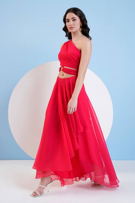 Mandira Wirk Resort Red Viscose, Georgette One Shoulder Solid Cut-out Dress at Aza Fashions Mandira Wirk Resort_Red Viscose, Georgette One Shoulder Solid Cut-out Dress _at_Aza_Fashions