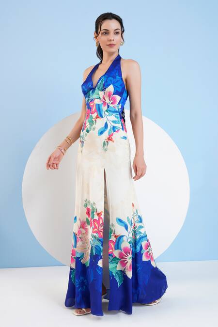 Buy_Mandira Wirk Resort_Blue Satin Halter Neck Floral Print Slit Dress _Online_at_Aza_Fashions