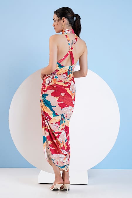 Shop_Mandira Wirk Resort_Multi Color Velvet Bandeau Neck Floral Print Asymmetric Dress _at_Aza_Fashions
