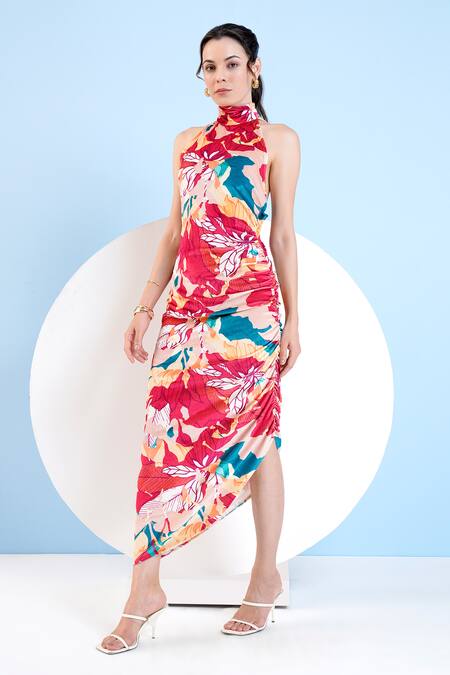 Mandira Wirk Resort_Multi Color Velvet Bandeau Neck Floral Print Asymmetric Dress _Online_at_Aza_Fashions