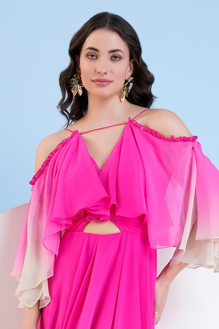 Mandira Wirk Resort Pink Georgette Off-shoulder Ombre Tired Dress Online at Aza Fashions Mandira Wirk Resort_Pink Georgette Off-shoulder Ombre Tired Dress _Online_at_Aza_Fashions