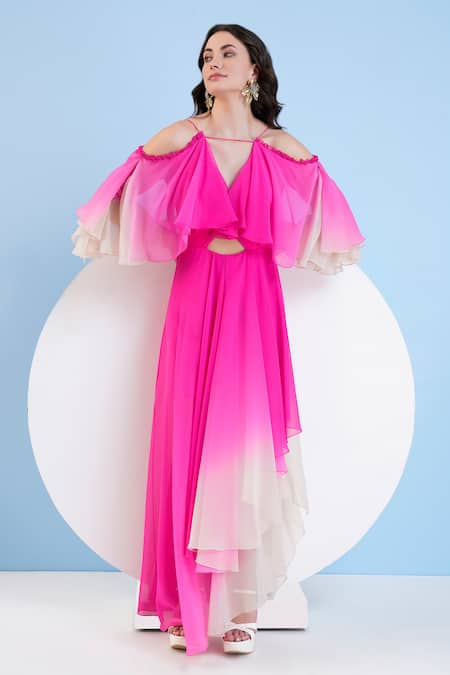 Buy Mandira Wirk Resort Pink Georgette Off-shoulder Ombre Tired Dress Online at Aza Fashions Buy_Mandira Wirk Resort_Pink Georgette Off-shoulder Ombre Tired Dress _Online_at_Aza_Fashions