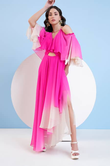 Shop Mandira Wirk Resort Pink Georgette Off-shoulder Ombre Tired Dress Online at Aza Fashions Shop_Mandira Wirk Resort_Pink Georgette Off-shoulder Ombre Tired Dress _Online_at_Aza_Fashions