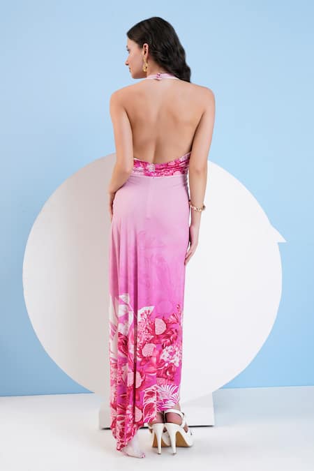 Shop Mandira Wirk Resort Pink Jersey Embroidery Halter Neck Floral Print High-low Dress at Aza Fashions Shop_Mandira Wirk Resort_Pink Jersey Embroidery Halter Neck Floral Print High-low Dress _at_Aza_Fashions