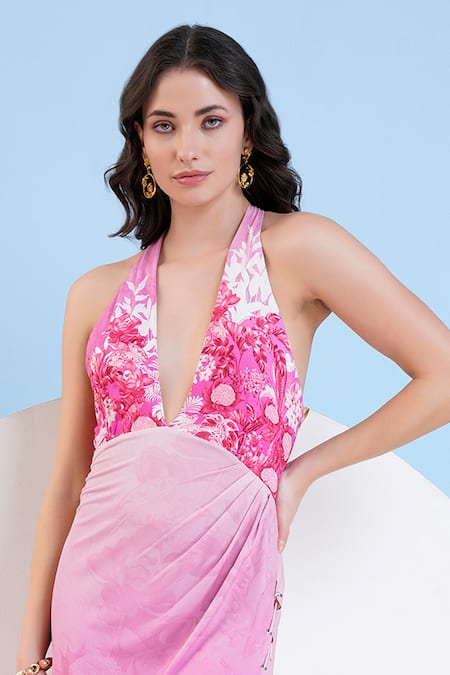 Mandira Wirk Resort Pink Jersey Embroidery Halter Neck Floral Print High-low Dress Online at Aza Fashions Mandira Wirk Resort_Pink Jersey Embroidery Halter Neck Floral Print High-low Dress _Online_at_Aza_Fashions