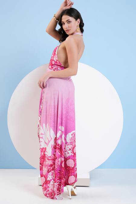 Shop Mandira Wirk Resort Pink Jersey Embroidery Halter Neck Floral Print High-low Dress Online at Aza Fashions Shop_Mandira Wirk Resort_Pink Jersey Embroidery Halter Neck Floral Print High-low Dress _Online_at_Aza_Fashions