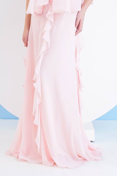 Mandira Wirk Resort_Pink Viscose, Georgette Crystals, Lace, Edged Flowy Cape With Ruffle Dress _Online_at_Aza_Fashions