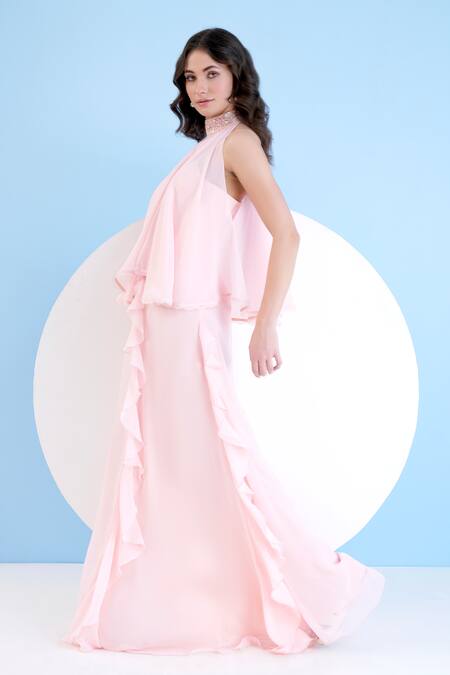 Buy_Mandira Wirk Resort_Pink Viscose, Georgette Crystals, Lace, Edged Flowy Cape With Ruffle Dress _Online_at_Aza_Fashions