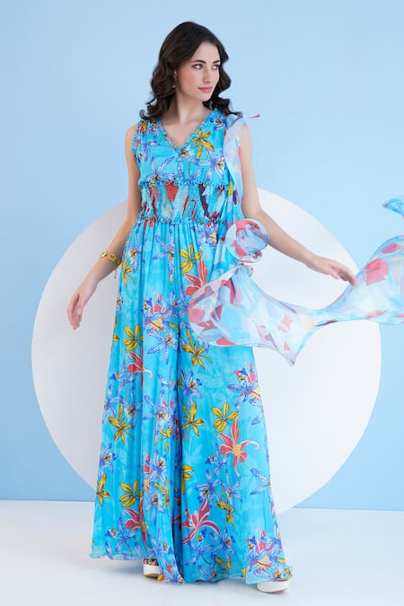 Buy_Mandira Wirk Resort_Multi Color Chiffon V-neck Floral Print Jumpsuit _Online_at_Aza_Fashions