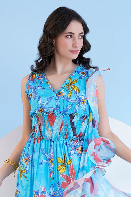 Shop_Mandira Wirk Resort_Multi Color Chiffon V-neck Floral Print Jumpsuit _Online_at_Aza_Fashions