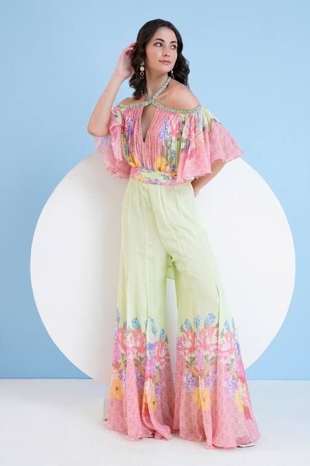Mandira Wirk Resort_Green Chiffon Halter Neck Blossom Print Jumpsuit _Online_at_Aza_Fashions
