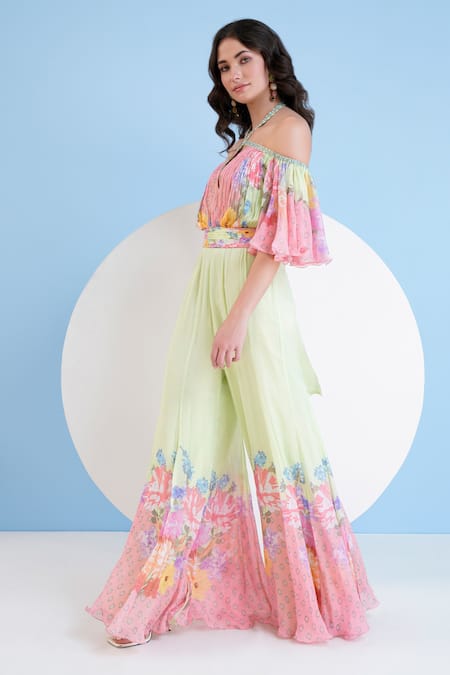 Buy_Mandira Wirk Resort_Green Chiffon Halter Neck Blossom Print Jumpsuit _Online_at_Aza_Fashions