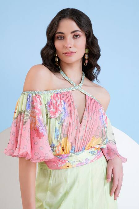 Shop_Mandira Wirk Resort_Green Chiffon Halter Neck Blossom Print Jumpsuit _Online_at_Aza_Fashions