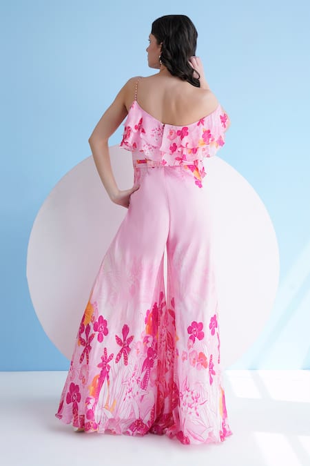 Shop_Mandira Wirk Resort_Pink Chiffon One Shoulder Orchid Print Jumpsuit _at_Aza_Fashions