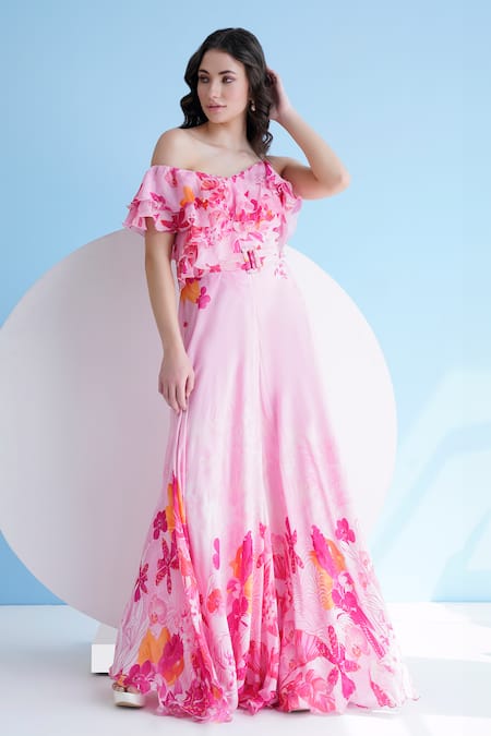 Mandira Wirk Resort_Pink Chiffon One Shoulder Orchid Print Jumpsuit _Online_at_Aza_Fashions