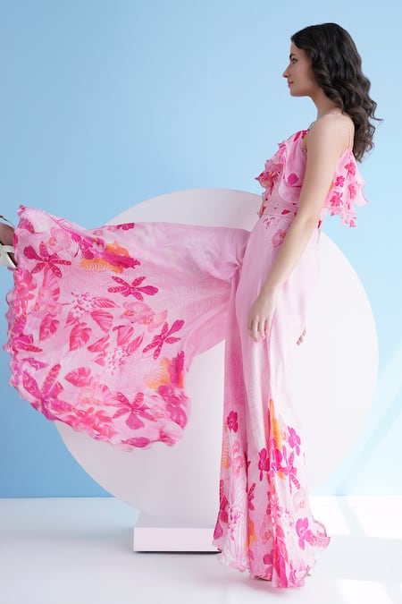 Buy_Mandira Wirk Resort_Pink Chiffon One Shoulder Orchid Print Jumpsuit _Online_at_Aza_Fashions