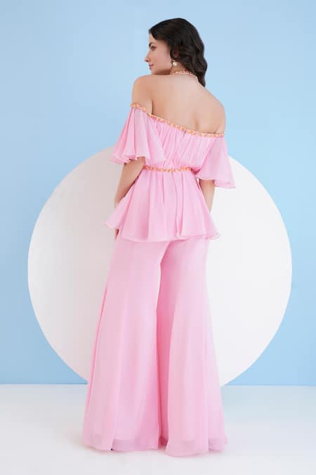 Mandira Wirk Resort Pink Bead Embellished Cold Shoulder Jumpsuit 