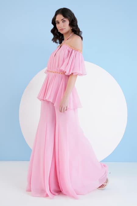Buy_Mandira Wirk Resort_Pink Viscose, Georgette Beads Halter Neck Embellished Cold Shoulder Jumpsuit _Online_at_Aza_Fashions
