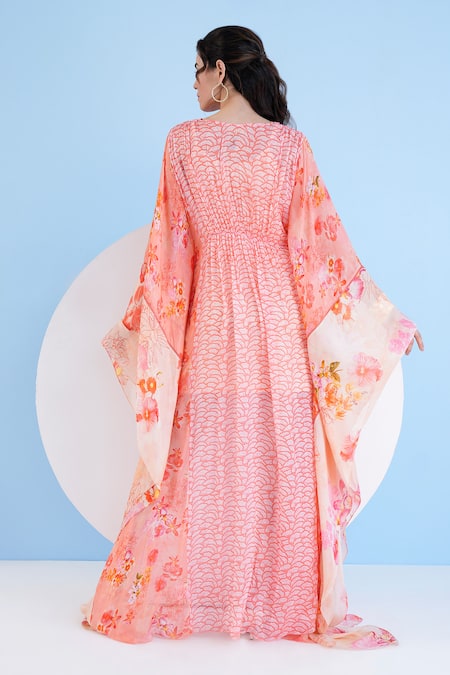 Shop_Mandira Wirk Resort_Orange Georgette Embroidery V-neck Scalloped Petal Print Kaftan _at_Aza_Fashions