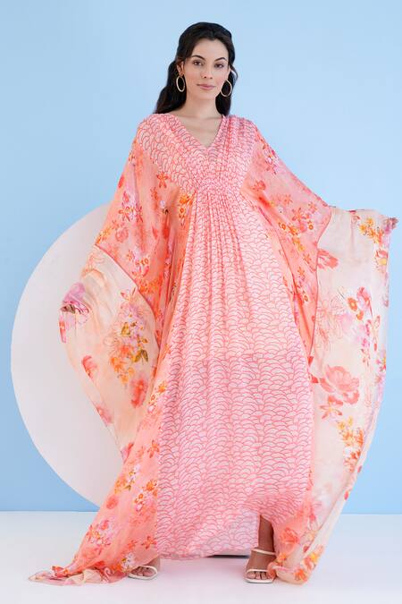 Mandira Wirk Resort_Orange Georgette Embroidery V-neck Scalloped Petal Print Kaftan _Online_at_Aza_Fashions