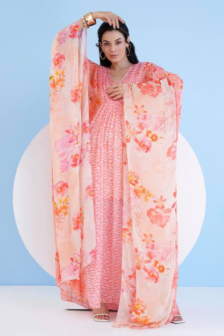 Buy_Mandira Wirk Resort_Orange Georgette Embroidery V-neck Scalloped Petal Print Kaftan _Online_at_Aza_Fashions