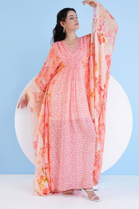 Shop_Mandira Wirk Resort_Orange Georgette Embroidery V-neck Scalloped Petal Print Kaftan _Online_at_Aza_Fashions