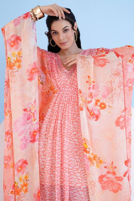 Mandira Wirk Resort_Orange Georgette Embroidery V-neck Scalloped Petal Print Kaftan _at_Aza_Fashions