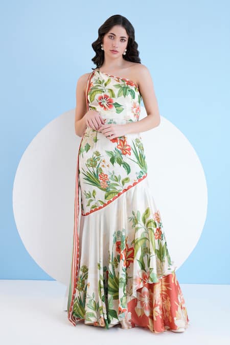 Mandira Wirk Exotic Lily Print One Shoulder Tiered Dress 