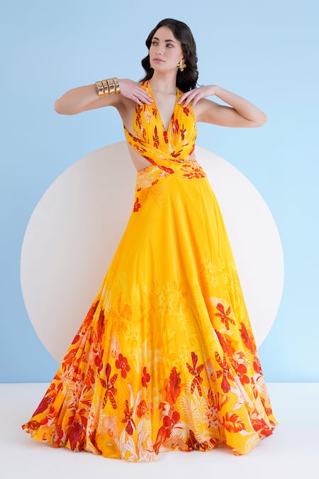 Mandira Wirk Yellow Chiffon Printed Orchid Halter Maxi Dress