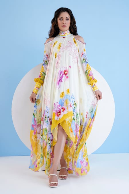 Mandira Wirk Multi Color Chiffon Floral High Pattern Maxi Dress