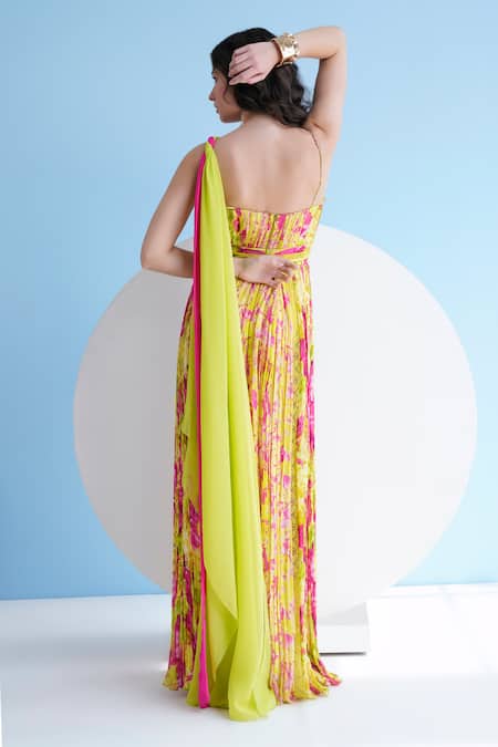 Shop Mandira Wirk Resort Green Chiffon Sweetheart Neck Floral Print Maxi Dress at Aza Fashions Shop_Mandira Wirk Resort_Green Chiffon Sweetheart Neck Floral Print Maxi Dress _at_Aza_Fashions