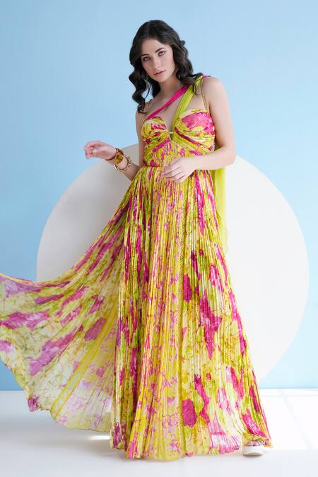 Shop Mandira Wirk Resort Green Chiffon Sweetheart Neck Floral Print Maxi Dress Online at Aza Fashions Shop_Mandira Wirk Resort_Green Chiffon Sweetheart Neck Floral Print Maxi Dress _Online_at_Aza_Fashions