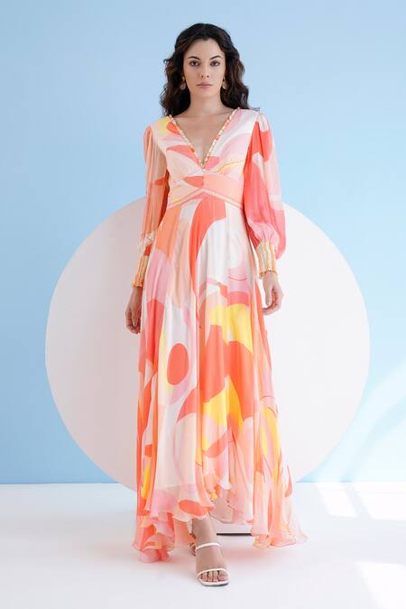 Mandira Wirk Resort Multi Color Chiffon Plunge Neck Ratio Print Maxi Dress Online at Aza Fashions Mandira Wirk Resort_Multi Color Chiffon Plunge Neck Ratio Print Maxi Dress _Online_at_Aza_Fashions