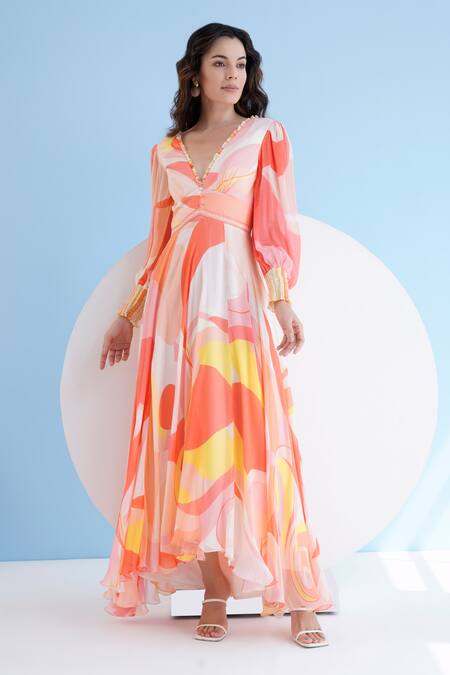 Buy Mandira Wirk Resort Multi Color Chiffon Plunge Neck Ratio Print Maxi Dress Online at Aza Fashions Buy_Mandira Wirk Resort_Multi Color Chiffon Plunge Neck Ratio Print Maxi Dress _Online_at_Aza_Fashions